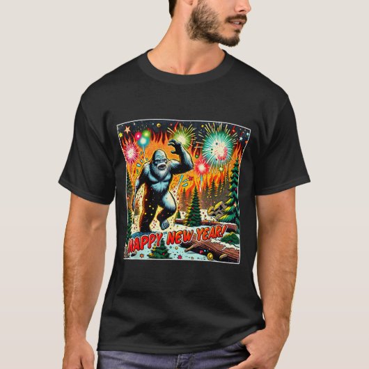 Funny New Years Eve 2024 Bigfoot And Fireworks Hum Tシャツ (正面)