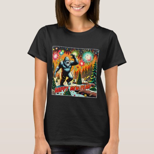 Funny New Years Eve 2024 Bigfoot And Fireworks Hum Tシャツ (正面)