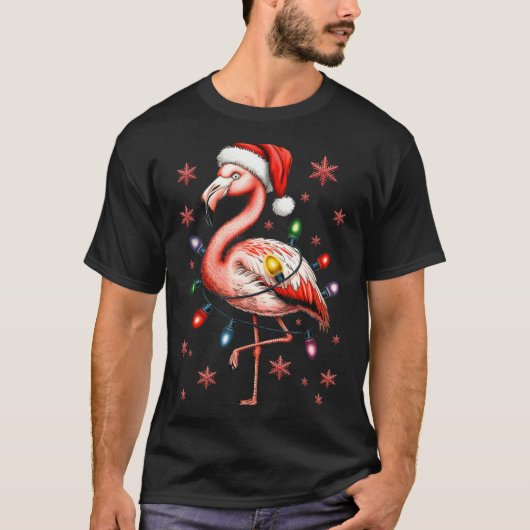 Funny Nk Flamingo Christmas Tree Lights Xmas Snowf Tシャツ (正面)