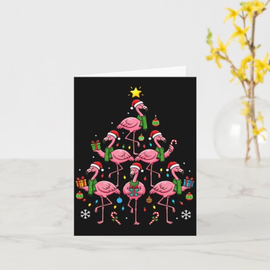 Funny Nk Flamingo Christmas Tree Santa Hats Holida カード (黄色い花)
