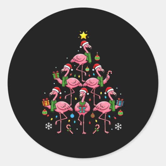 Funny Nk Flamingo Christmas Tree Santa Hats Holida ラウンドシール (正面)