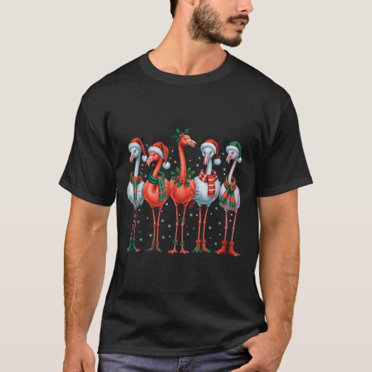 Funny Nk Flamingos Merry Christmas Tree Xmas Snowf Tシャツ (正面)