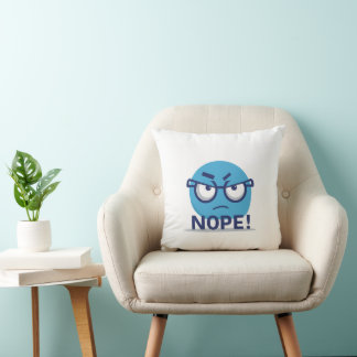 Funny Nope Emoji Pillow – Blue Angry Face with Gla クッション