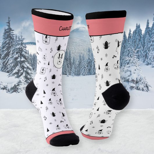 Funny Nordic Gnomes Reindeer Winter Trees ソックス