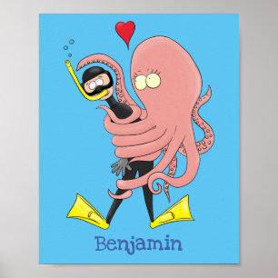 Funny octopus hugs diver cartoon humour ポスター
