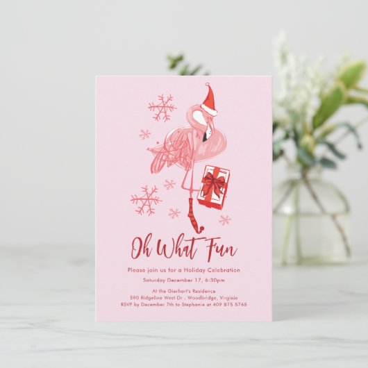 Funny Oh What Fun Flamingo Christmas Party 招待状 (スタンド正面)