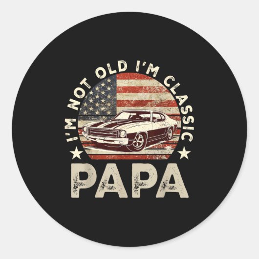 Funny Old Car Clic American Us Flag Mens Dad Papa  ラウンドシール (正面)