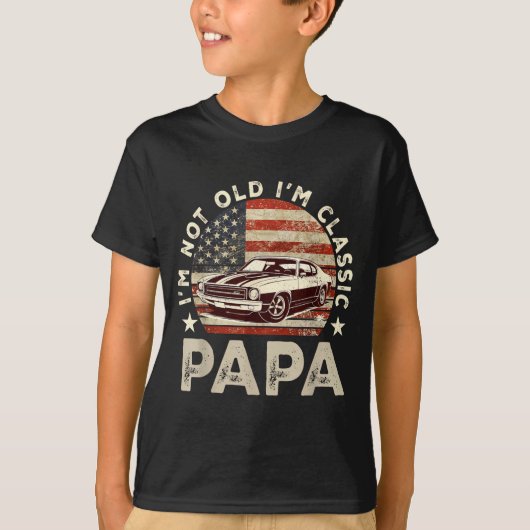 Funny Old Car Clic American Us Flag Mens Dad Papa Tシャツ (正面)