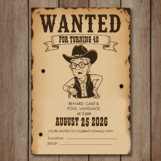 Funny Old West Wanted Poster 40th Birthday 招待状