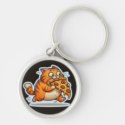 Funny Orange Cat Eating Pizza Graphic キーホルダー (正面)