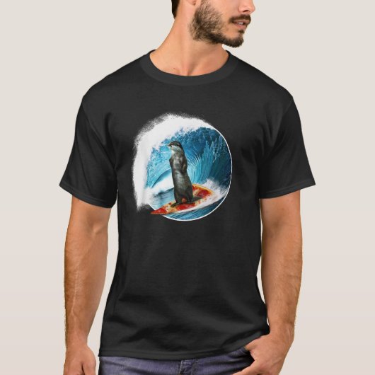 Funny Otter Surfing Otter riding a ocean Wave on a Tシャツ (正面)