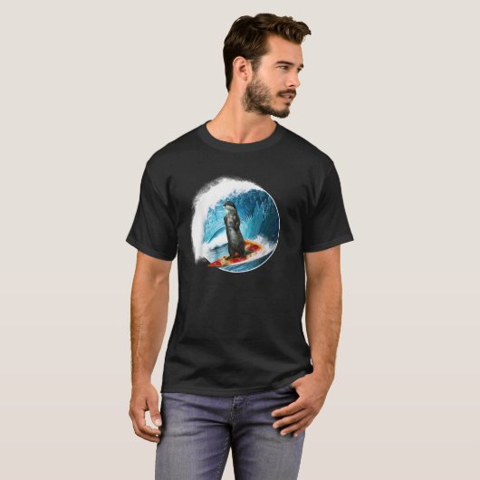Funny Otter Surfing Otter riding a ocean Wave on a Tシャツ (正面フル)