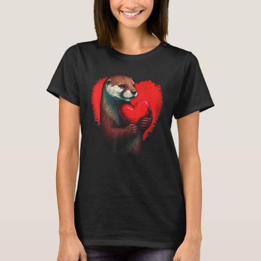 funny otters hold a red heart for men women kid co tシャツ (正面)