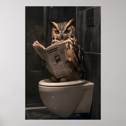 Funny Owl Reading Newspaper on Toilet, Bathroom ポスター (正面)