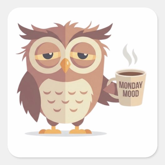 Funny Owl With Monday Mood Coffee Sticker スクエアシール (正面)