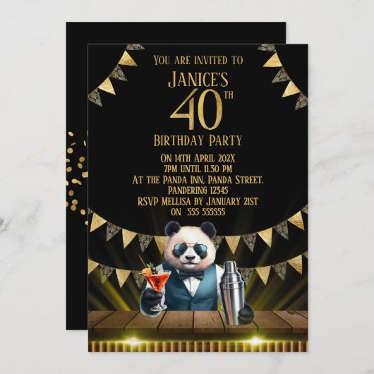 Funny Panda 40th Birthday Party Invitation 招待状 (正面/裏面)