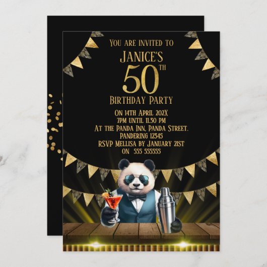 Funny Panda 50th Birthday Party Invitation 招待状 (正面/裏面)