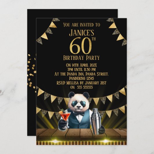 Funny Panda 60th Birthday Party Invitation 招待状 (正面/裏面)