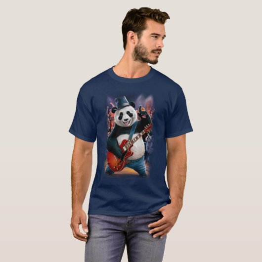 Funny Panda plays Rock and Roll on a Dark Blue Tシャツ (正面フル)