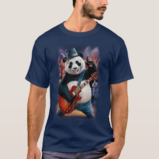 Funny Panda plays Rock and Roll on a Dark Blue Tシャツ (正面)