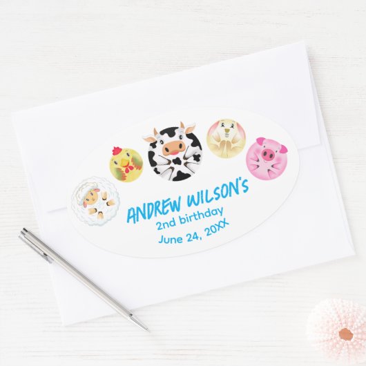 Funny Party Animals Playing Balls Rustic Farm 楕円形シール (封筒)