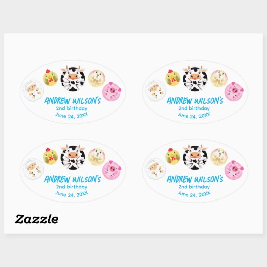 Funny Party Animals Playing Balls Rustic Farm  楕円形シール (シート)