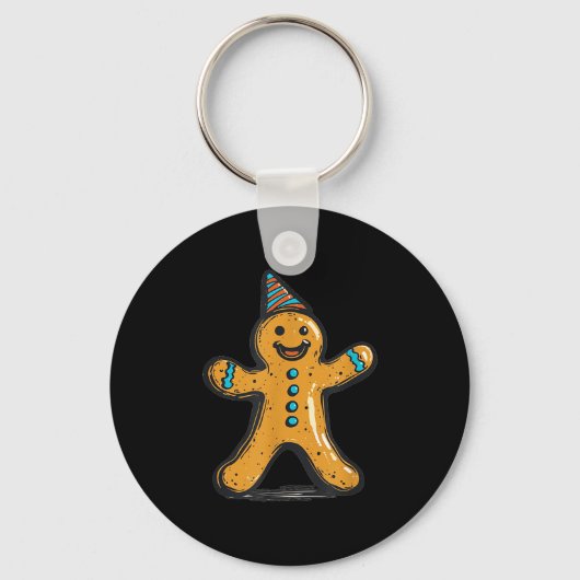 Funny Partying Gingerbread Man With Party Hat Cost キーホルダー (正面)