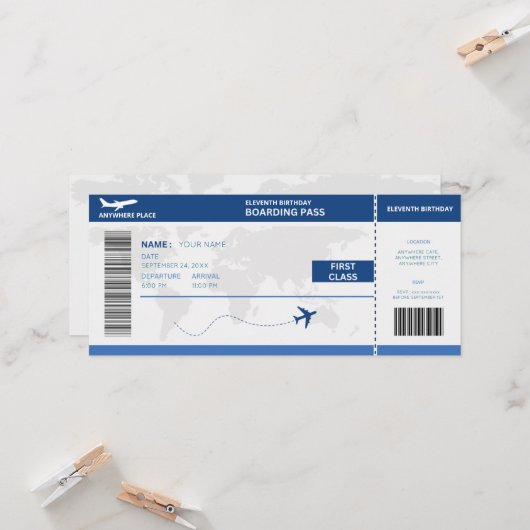 Funny passport, boarding pass ticket 11th birthday 招待状 (正面/裏面インサイチュ)