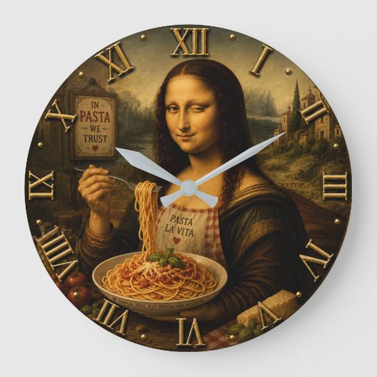 Funny Pasta Mona Lisa A Delicious Italian Twist ラージ壁時計 (正面)