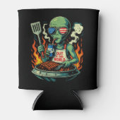 Funny Patriotic Alien Grilling Retro American BBQ 缶クーラー (正面)