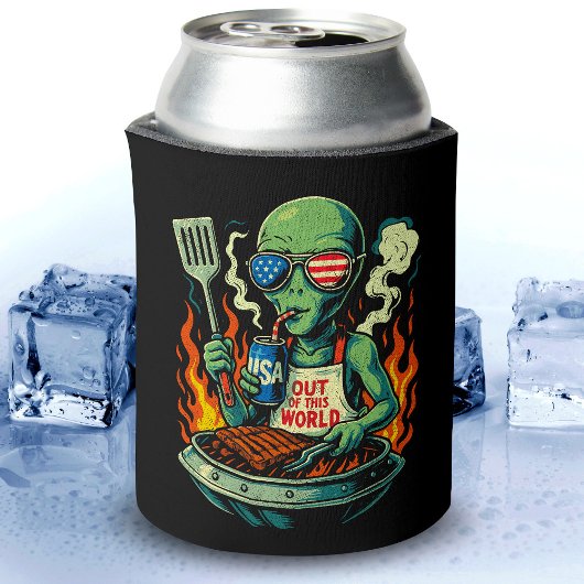 Funny Patriotic Alien Grilling Retro American BBQ 缶クーラー