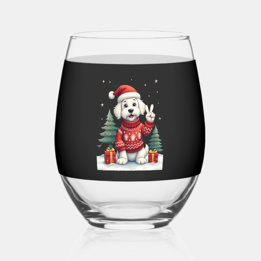 Funny Peace Hand Maltese Christmas Lights Womens M ステムなしワイングラス (正面)