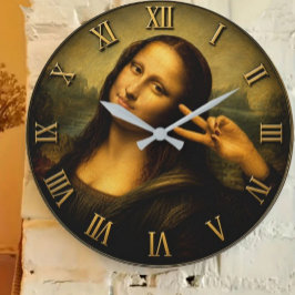 Funny Peace Mona Lisa Victory Sign Renaissance Art ラージ壁時計