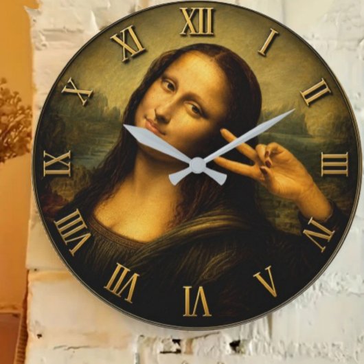 Funny Peace Mona Lisa Victory Sign Renaissance Art ラージ壁時計