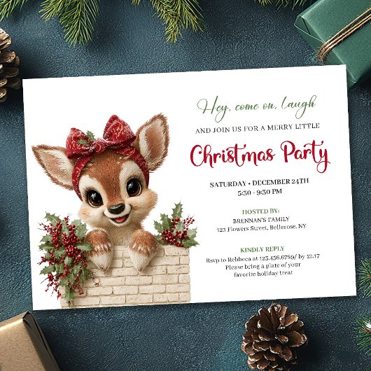 Funny peeking reindeer holiday kids party invites 招待状