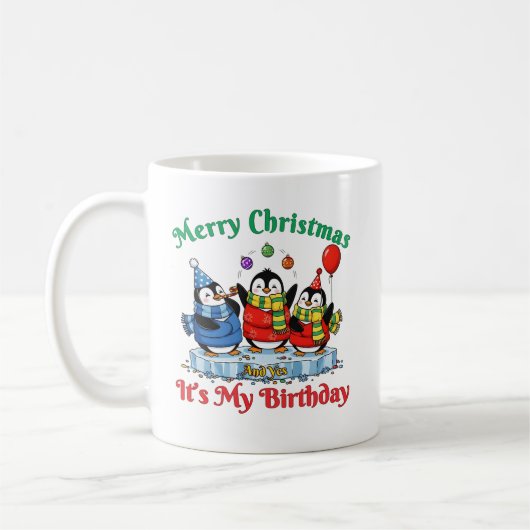 Funny Penguins, Merry Christmas Birthday コーヒーマグカップ (左)