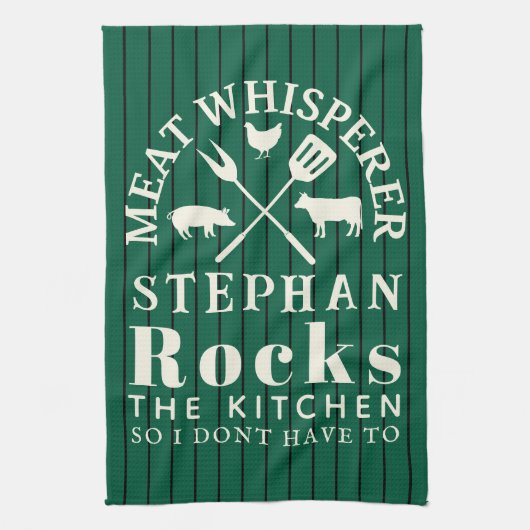 Funny personalized Kitchen Meat Whisperer Green キッチンタオル (縦)