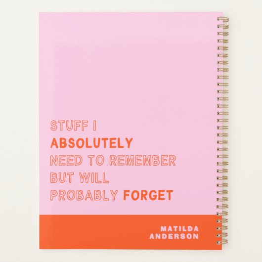 Funny Personalized Modern Pink Orange Custom Name プランナー手帳 (裏面)
