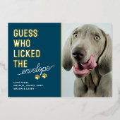 Funny Pet Photo Licked Envelopes Christmas 箔シーズンカード (正面)