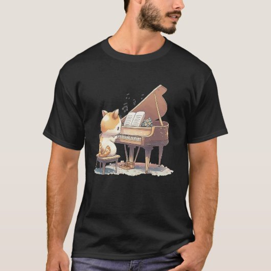 Funny Piano Music Cat Men Women Kids Cat Piano Lov Tシャツ (正面)