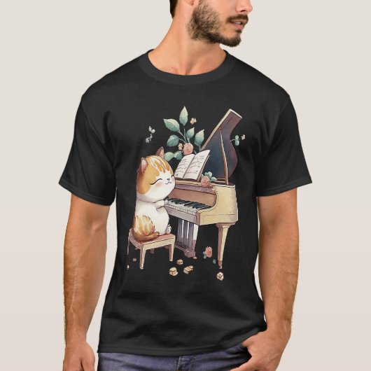 Funny Piano Music Cat Men Women Kids Cat Piano Lov Tシャツ (正面)