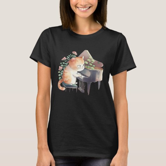 Funny Piano Music Cat Men Women Kids Cat Piano Lov Tシャツ (正面)