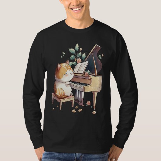Funny Piano Music Cat Men Women Kids Cat Piano Lov Tシャツ (正面)