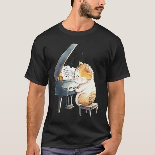 Funny Piano Music Cat Men Women Kids Cat Piano Lov Tシャツ (正面)