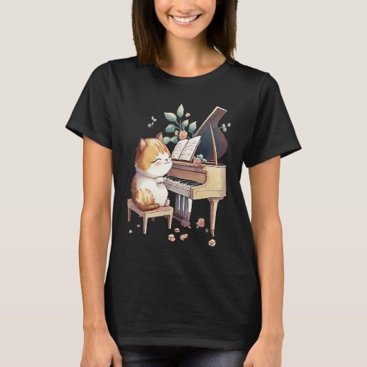 Funny Piano Music Cat Men Women Kids Cat Piano Lov Tシャツ (正面)