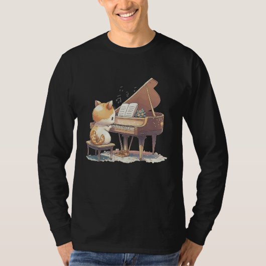 Funny Piano Music Cat Men Women Kids Cat Piano Lov Tシャツ (正面)