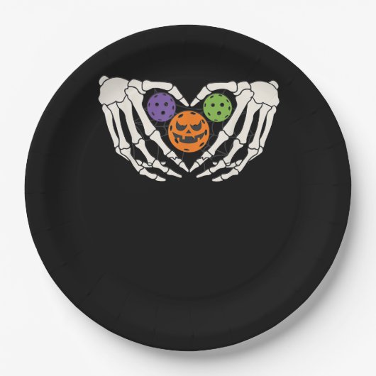 Funny Pickle Halloween Skeleton Hands Heart Pumpki ペーパープレート (正面)