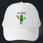 Funny Pickle Monster Pickleball Cartoon キャップ<br><div class="desc">Cool fun cute dill pickle monster holding pickleball paddle and ball is popular with pun lovers and tickle monster fans and pickleball players and seniors and competitive pickleball fans.</div>