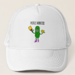 Funny Pickle Monster Pickleball Cartoon キャップ<br><div class="desc">Cool fun cute dill pickle monster holding pickleball paddle and ball is popular with pun lovers and tickle monster fans and pickleball players and seniors and competitive pickleball fans.</div>