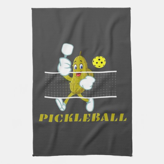 Funny Pickle Playing Pickleball  キッチンタオル (縦)